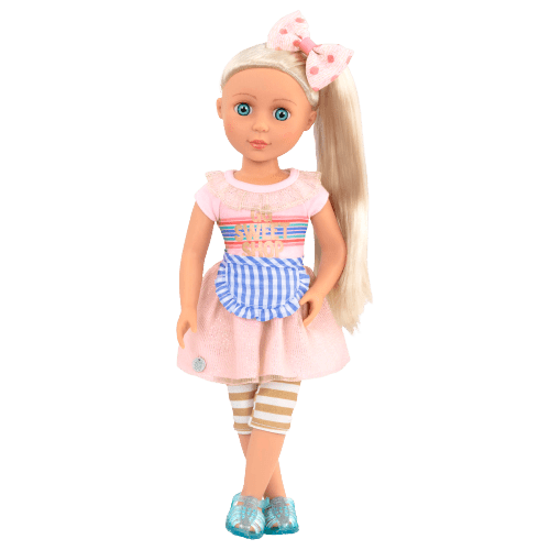 14-inch posable doll with blonde hair and blue eyes
