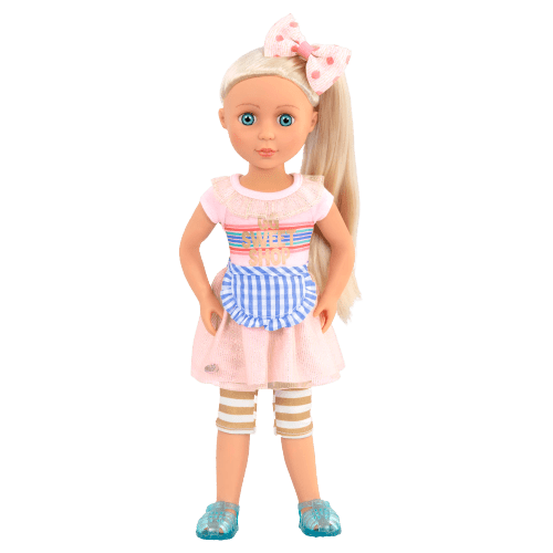 14-inch posable doll with blonde hair and blue eyes