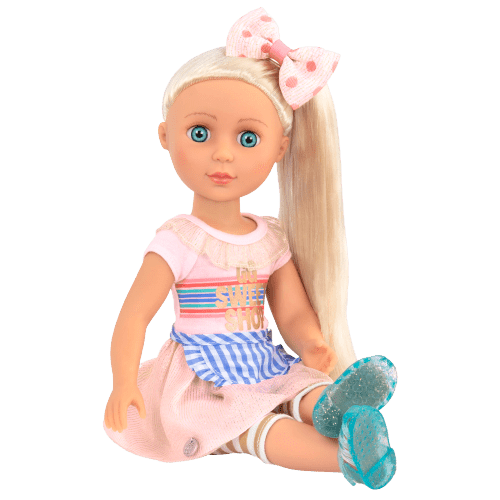 14-inch posable doll with blonde hair and blue eyes