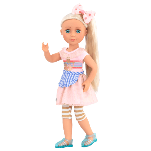 14-inch posable doll with blonde hair and blue eyes