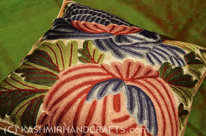 chrysanthemum decorative floral cushion cover I handembroidered - Kashmir Designs