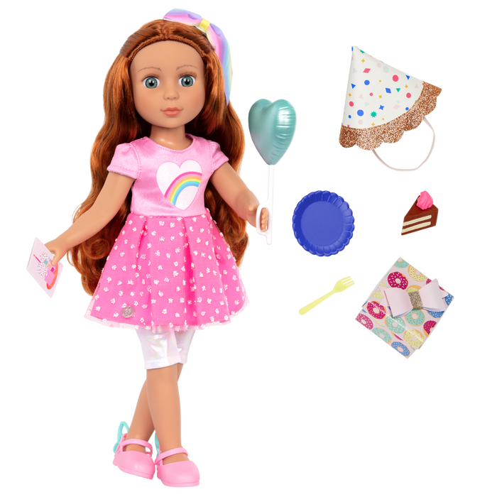 Glitter Girls Cicely 14-inch Birthday Doll with Heart-Shaped Balloon & Party Hat