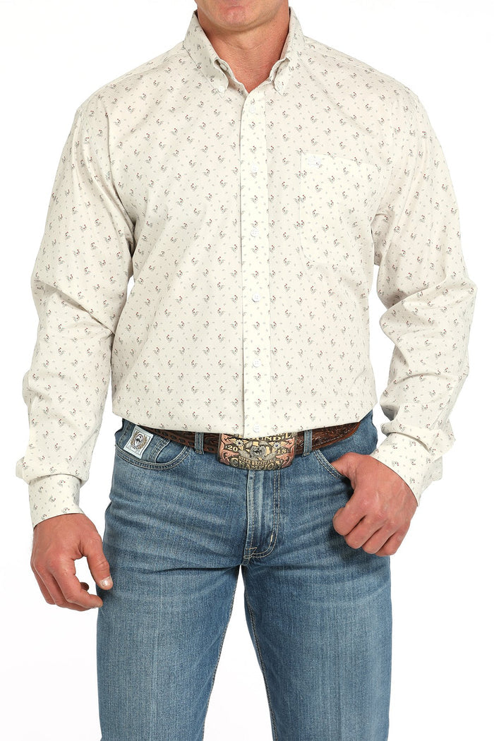 Cinch Men's L/S Classic Fit Rooster Print Western Button Down Shirt in Grey