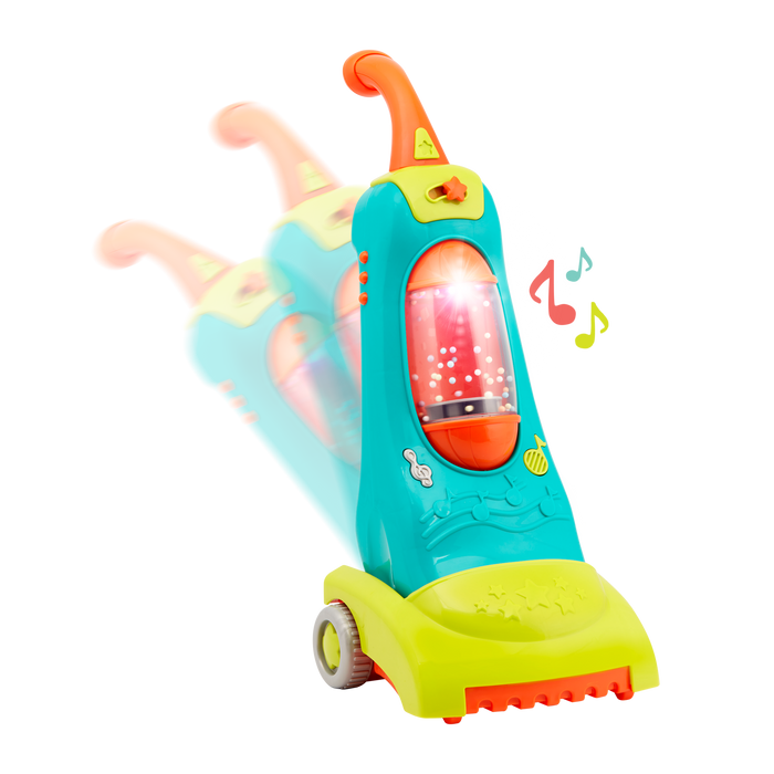 Colorful toy vacuum with music note graphics.