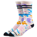 Colorful patterned socks with black accents on a white background