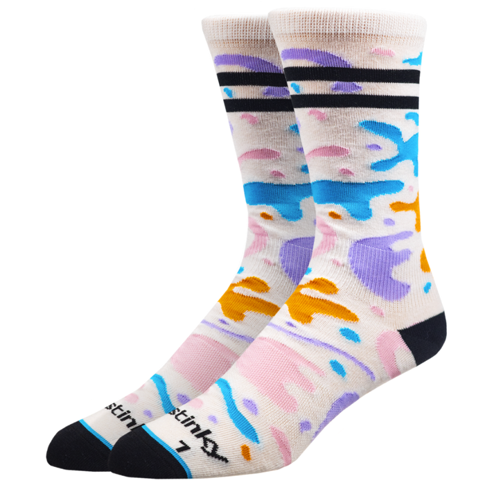 Colorful patterned socks with black accents on a white background