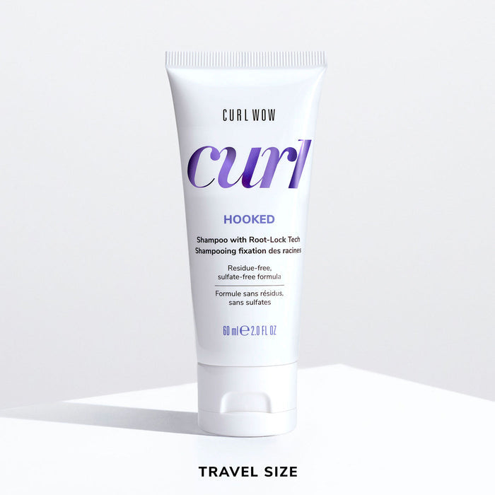Color Wow Curl Wow Hooked Shampoo Travel Size 60ml tube on a white background, sulfate-free shampoo with Root-Lock Tech that gently cleanses curly hair, removes residue without stripping moisture, and helps maintain healthy, defined curls.
