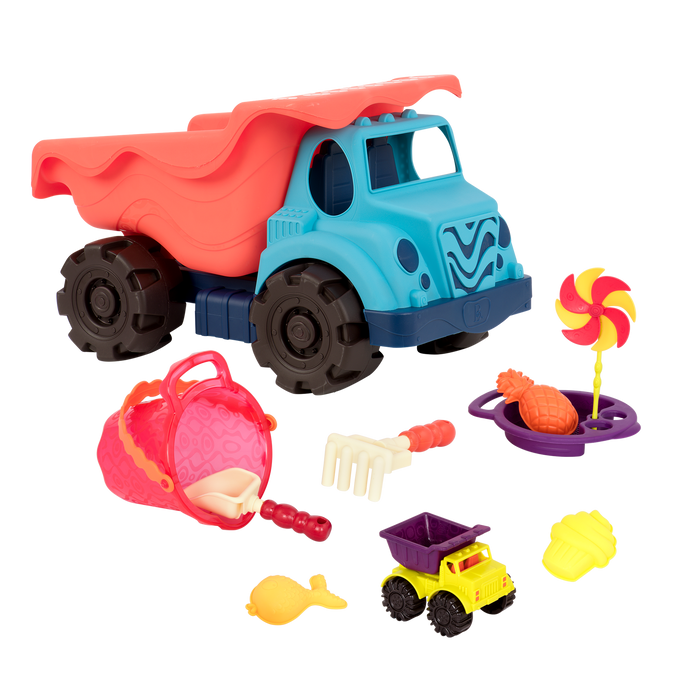 Dump truck and beach toys.