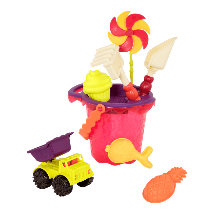 Dump truck and beach toys.