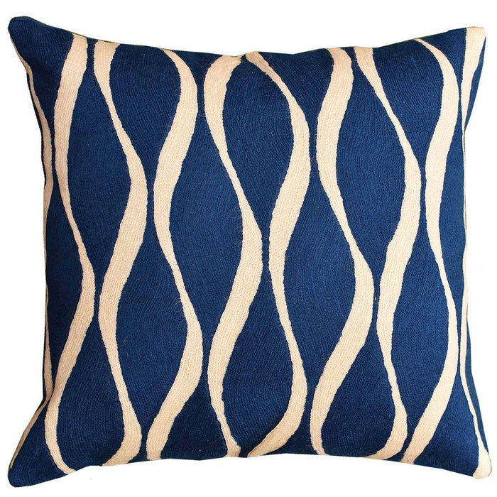 Contemporary Waves Midnight Blue Decorative Pillow Cover Handmade Wool 18" x 18" - KashmirDesigns