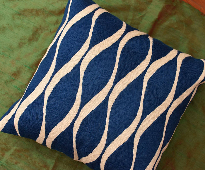 Contemporary Waves Midnight Blue Decorative Pillow Cover Handmade Wool 18" x 18" - KashmirDesigns