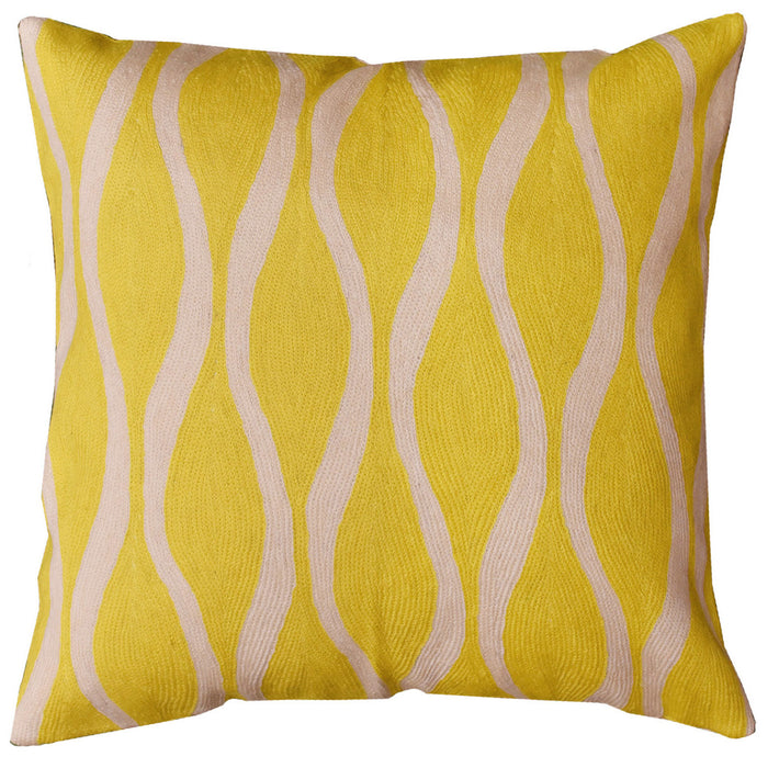 Contemporary Waves Yellow Decorative Pillow Cover Handmade Wool 18" x 18" - KashmirDesigns
