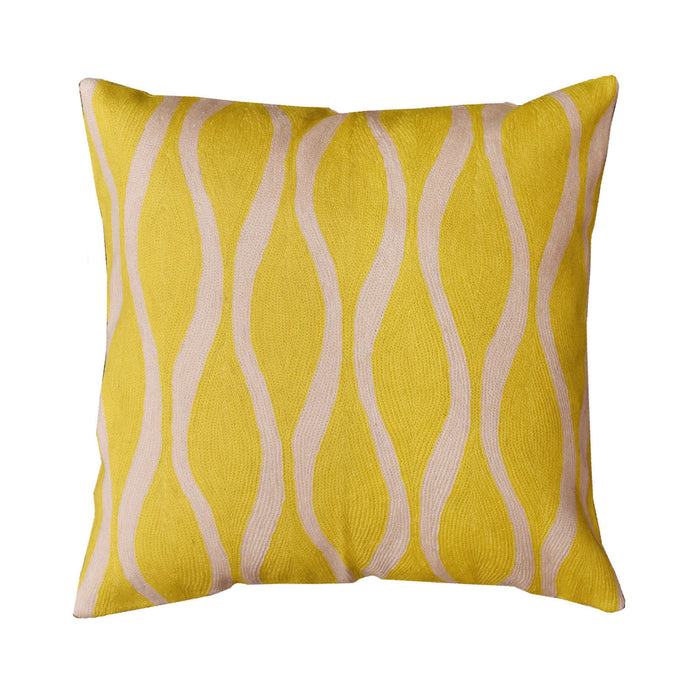 Contemporary Waves Yellow Decorative Pillow Cover Handmade Wool 18" x 18" - KashmirDesigns