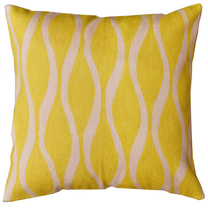 Contemporary Waves Yellow Decorative Pillow Cover Handmade Wool 18" x 18" - KashmirDesigns