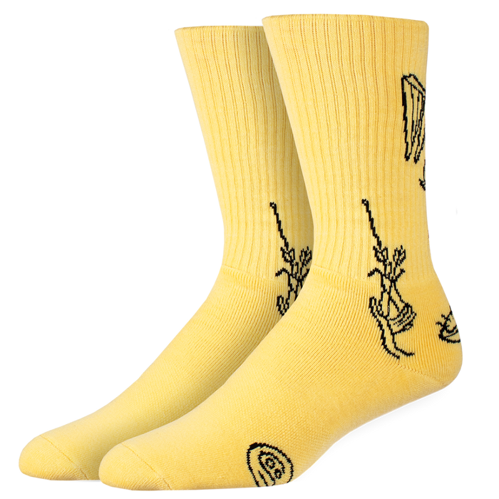 Yellow socks with black designs on a white background