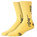 Yellow socks with black designs on a white background