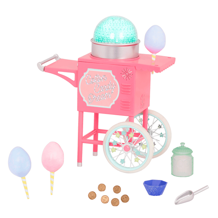 Two 14-inch dolls with toy cotton candy machine