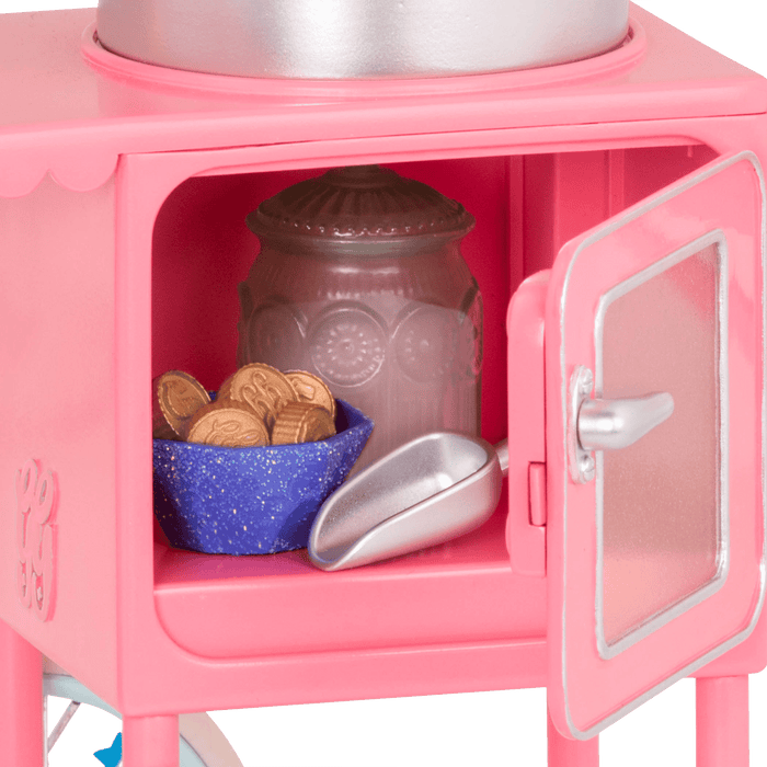 Two 14-inch dolls with toy cotton candy machine