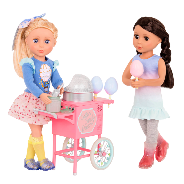 Two 14-inch dolls with toy cotton candy machine