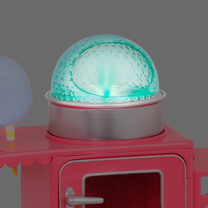 Two 14-inch dolls with toy cotton candy machine