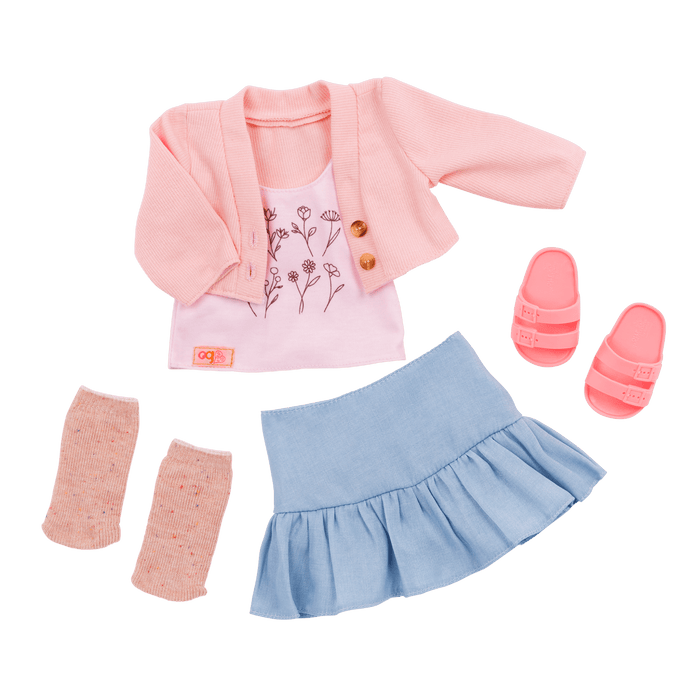 Our Generation Country Charm Outfit for an 18-inch Dolls including a top, skirt, socks and sandals