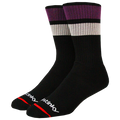 Two black socks with purple and gray accents on a white background