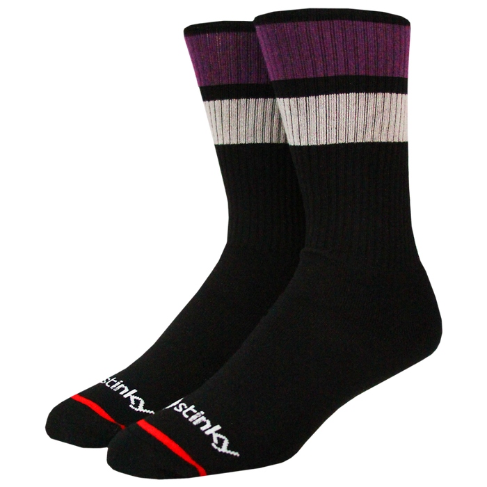 Two black socks with purple and gray accents on a white background