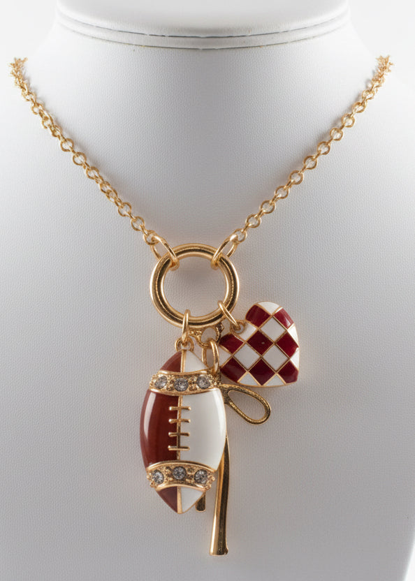 Crimson and White Football Charm Necklace