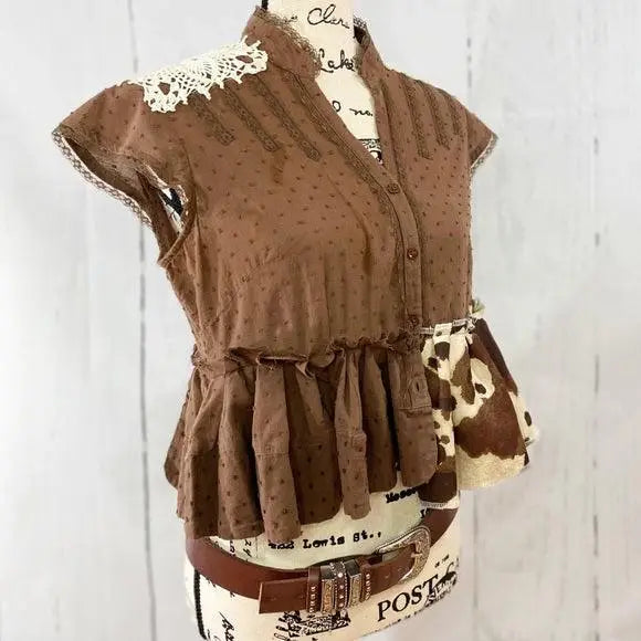 Crop Top Brown Leopard Print Ruffled Hem - Wild Time Fashion