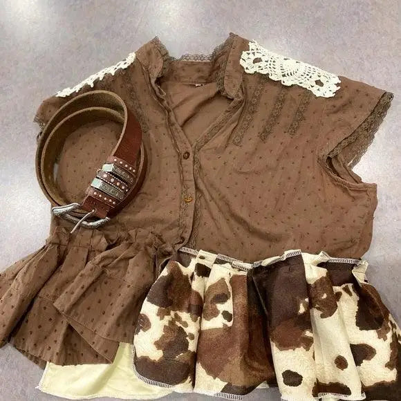 Crop Top Brown Leopard Print Ruffled Hem - Wild Time Fashion