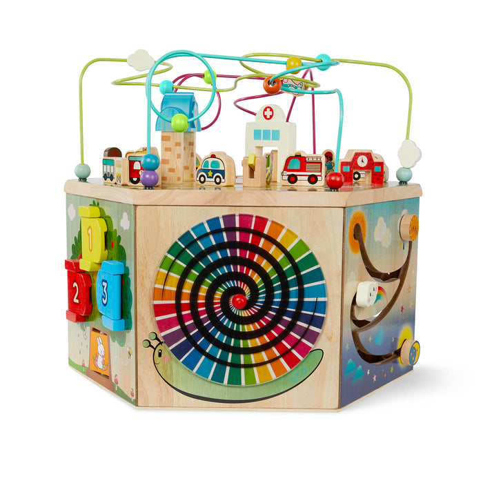 A 7-sided activity cube with a colorful pretend clock.