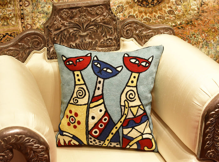 Cute Cats Light Turquoise Decorative Pillow Cover Triplets Handmade Wool 18x18" - KashmirDesigns