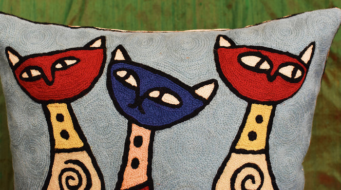Cute Cats Light Turquoise Decorative Pillow Cover Triplets Handmade Wool 18x18" - KashmirDesigns