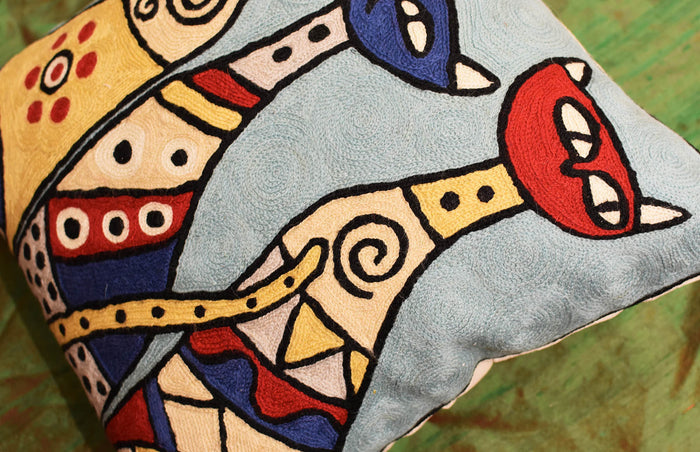 Cute Cats Light Turquoise Decorative Pillow Cover Triplets Handmade Wool 18x18" - KashmirDesigns