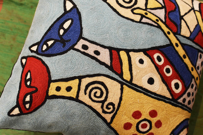 Cute Cats Light Turquoise Decorative Pillow Cover Triplets Handmade Wool 18x18" - KashmirDesigns