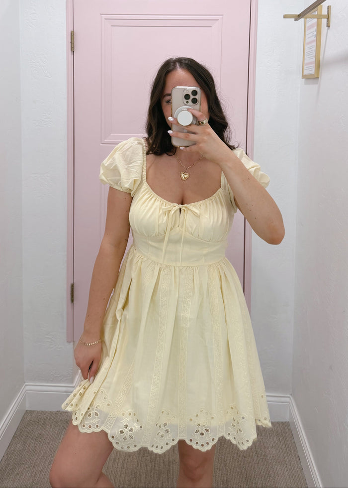 Daisy embroidered puff sleeve mini dress