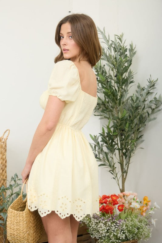 Daisy embroidered puff sleeve mini dress