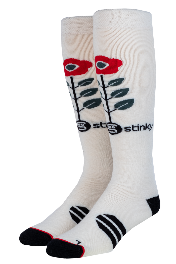 White socks with red and black floral design and 'Stinky' branding on a white background