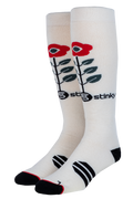 White socks with red and black floral design and 'Stinky' branding on a white background