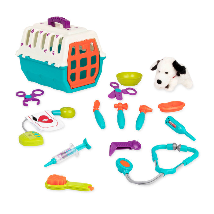 A toy vet kid for kids with a plush puppy in a carrier.