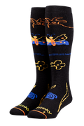 Black socks with colorful designs on a white background