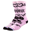 Pink socks with black designs and text on a white background