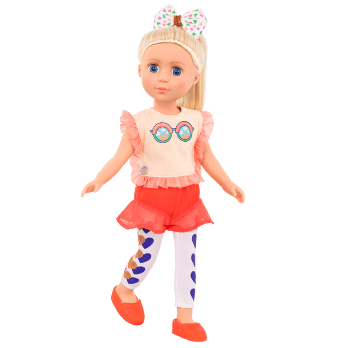 14-inch posable doll with blonde hair and blue eyes