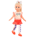 14-inch posable doll with blonde hair and blue eyes