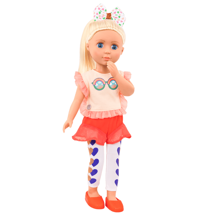 14-inch posable doll with blonde hair and blue eyes