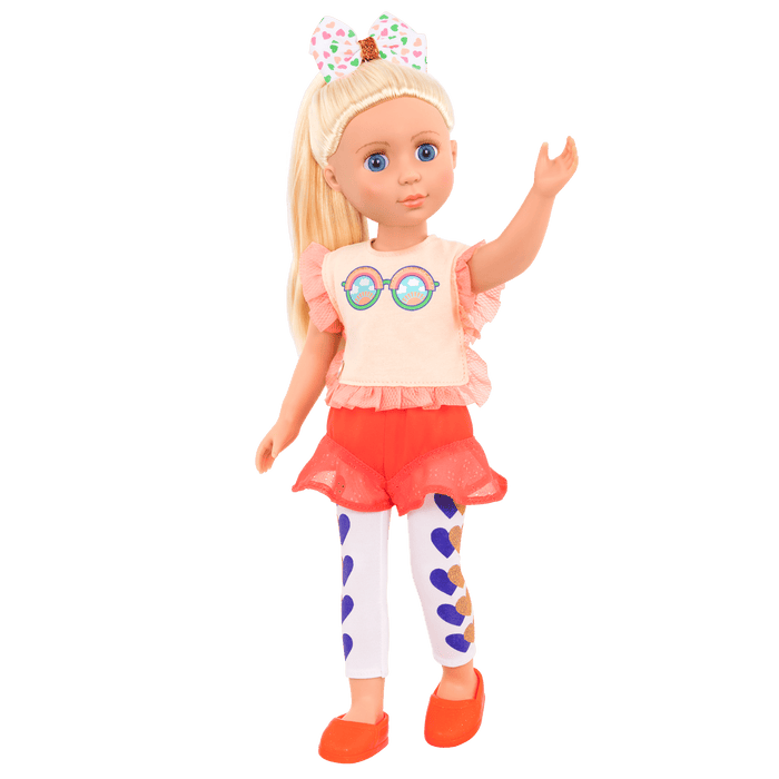 14-inch posable doll with blonde hair and blue eyes