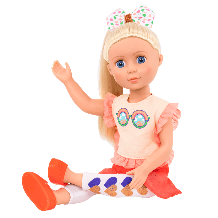 14-inch posable doll with blonde hair and blue eyes