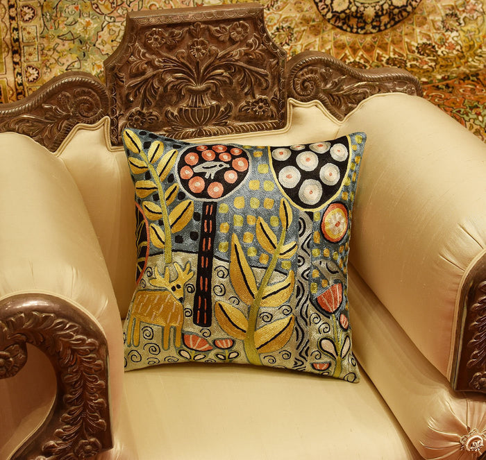 Deer & Bird Karla Gerard Accent Pillow Cover Handembroidered Art Silk 18"x18" - KashmirDesigns