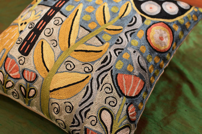 Deer & Bird Karla Gerard Accent Pillow Cover Handembroidered Art Silk 18"x18" - KashmirDesigns