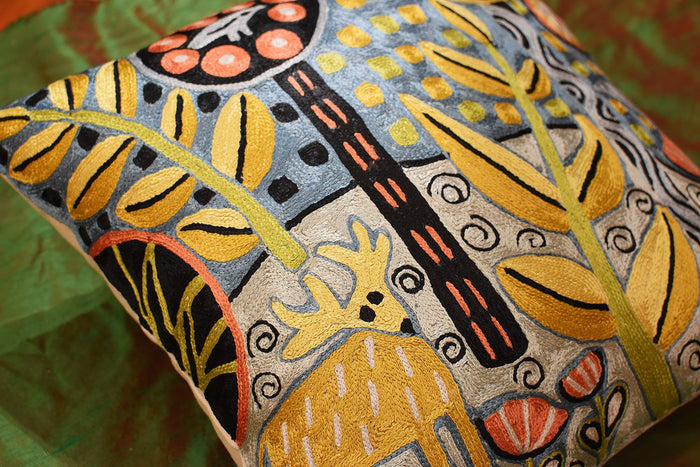 Deer & Bird Karla Gerard Accent Pillow Cover Handembroidered Art Silk 18"x18" - KashmirDesigns